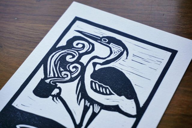 Coffee heron illustration linocut print